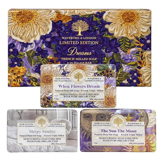Wavertree & London Dreams Bar Soap Gift Set, 3 Pack Australian Triple Milled Natural Bar Soap with Organic Shea Butter & Essential Oils, Moisturizing Plant-Based Bath & Body Soap Bars for Women & Men