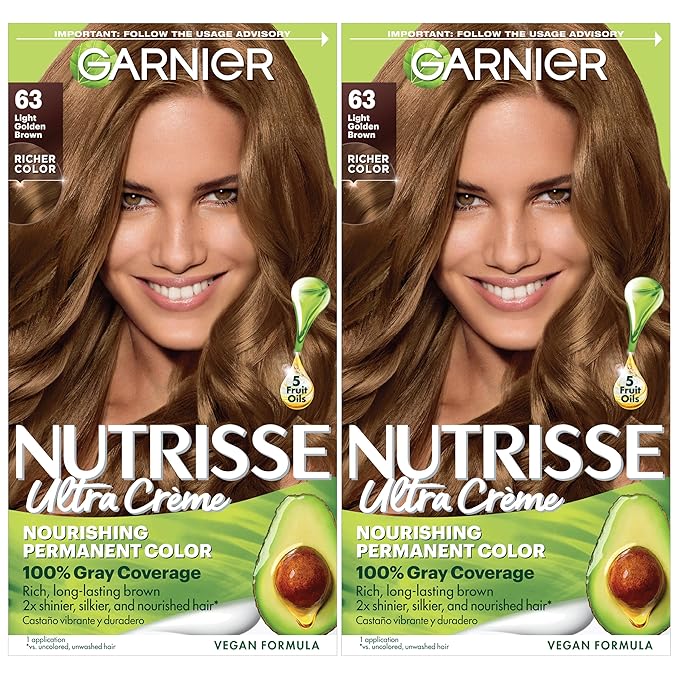 Garnier Nutrisse Ultra Crème Hair Color, Permanent Hair Dye with 100% Gray Coverage, Vegan & Cruelty-Free, 63 Light Golden Brown (Brown Sugar), 2 Count