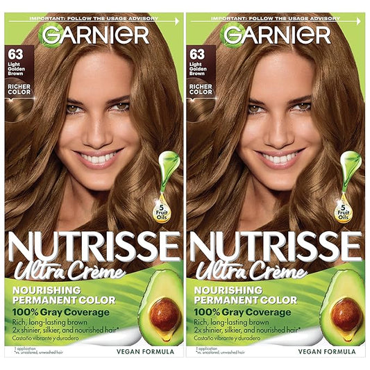 Garnier Nutrisse Ultra Crème Hair Color, Permanent Hair Dye with 100% Gray Coverage, Vegan & Cruelty-Free, 63 Light Golden Brown (Brown Sugar), 2 Count