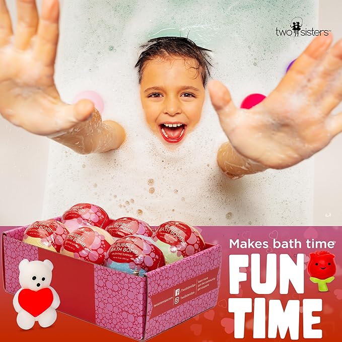 Valentines Bath Bombs for Kids with Surprise Heart Toys Inside (6 Pack) - Valentines Day Gifts for Kids & Women, Bubble Bath, USA Made, Kids-Safe Ingredients, Fruity Scents by Two Sisters