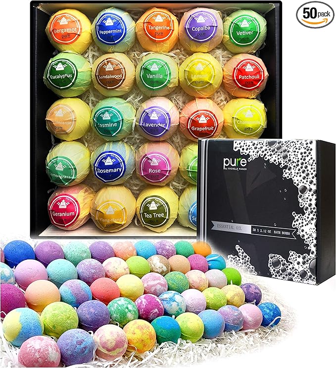 Pure Parker Natural Bath Bombs Bulk 50 Pack with Essential Oils - Moisturizing Gift Set for Women with Shea Butter - Individually Wrapped for Freshness