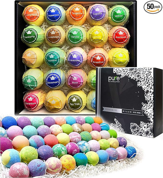 Pure Parker Natural Bath Bombs Bulk 50 Pack with Essential Oils - Moisturizing Gift Set for Women with Shea Butter - Individually Wrapped for Freshness