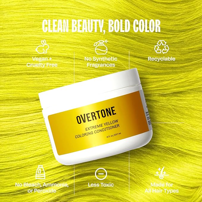 Overtone Semi Permanent Hair Color Conditioner, Extreme Yellow, 8 oz, Nourishing, Damage-Free, Color Depositing Mask for All Hair Types with Shea Butter & Coconut Oil, Vegan & Cruelty-Free