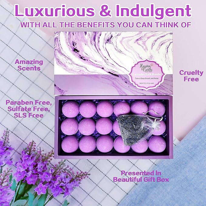 Lavender Bath Bombs Gift Set for Men & Women. 18 Individually Wrapped Bath Bombs with Organic Ingredients & Essential Oils. Relaxing Natural Bath Balls