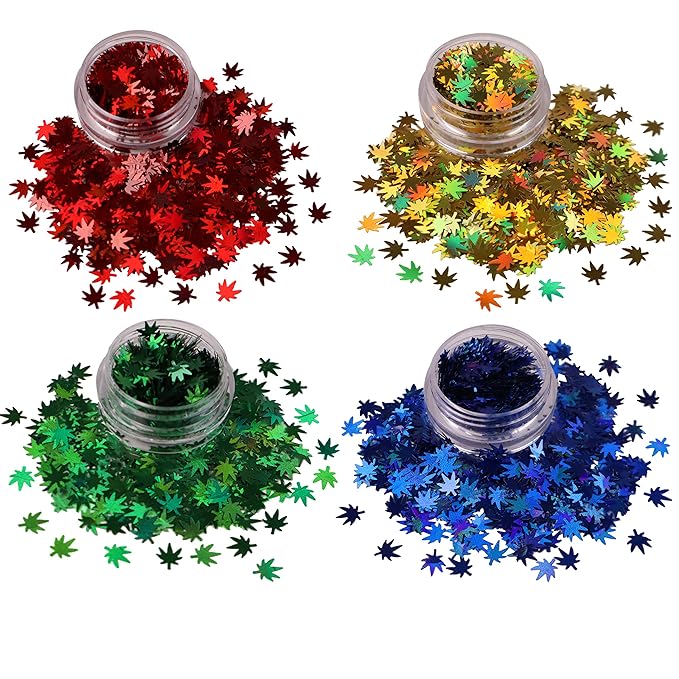 12 Pack - Metallic Rainbow Holographic Leaf Glitter - Solvent Resistant & Cosmetic Grade - Face Body Nails Resin Arts & Crafts, Tumblers, Bath Bombs, Resin - Weed Pot Marijuana Leaf