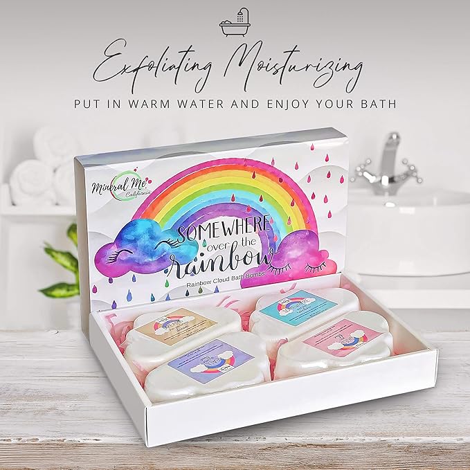 Bath Bombs for Kids- Organic Magic Rainbow Bubble Bath Bombs w/Moisturizing Shea Butter and Natural Oils, 4 Large Unicorn Cloud BathBombs, Birthday Gift for Her, Easter Basket Essentials for Kids
