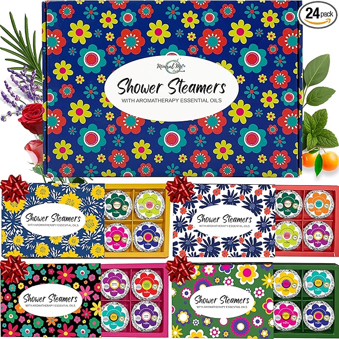 Shower Steamers for Women Gift Set, 24pc Shower Bombs Aromatherapy Gift Set w/Organic Essential Oils. Shower Melts, Bath Bombs for Shower, Easter Basket Essentials, Individually Wrapped, 4 Box, 6 Pack