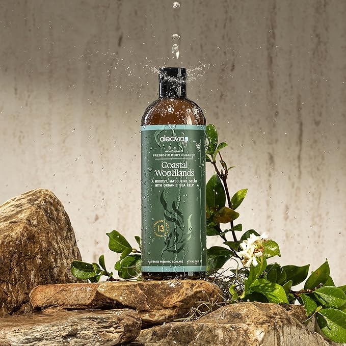 Aleavia Coastal Woodlands Mens Body Cleanse – Organic & All-Natural Prebiotic Body Wash for Men, Woodsy Notes Scented with 13 Essential Oils, – Nourish Your Skin Microbiome – 16 Oz.