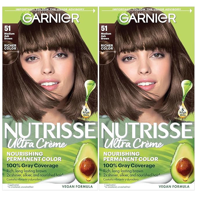 Garnier Nutrisse Ultra Crème Hair Color, Permanent Hair Dye with 100% Gray Coverage, Vegan & Cruelty-Free, 51 Medium Ash Brown (Cool Tea), 2 Count