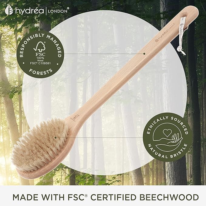 Hydrea London Body Brush Long Handled Exfoliating Back Scrubber, Natural Bristle, Dry Brush Cellulite Remover, Exfoliating Body Scrubber, Helps Improve Lymphatic Drainage - FSC® Certified Beechwood.