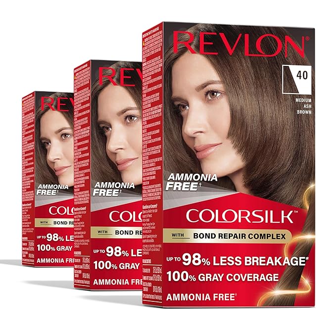 Revlon ColorSilk with Bond Repair Complex, Brown Permanent Hair Color, 100% Gray Coverage, Ammonia Free Hair Dye, Vegan Keratin, 40 Medium Ash Brown (Pack of 3)