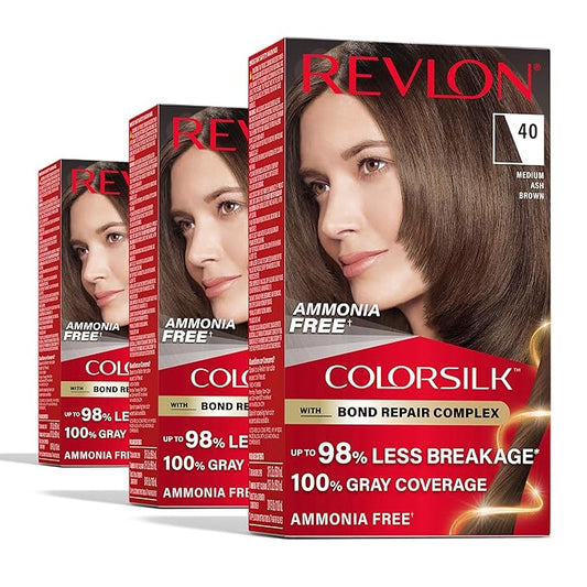 Revlon ColorSilk with Bond Repair Complex, Brown Permanent Hair Color, 100% Gray Coverage, Ammonia Free Hair Dye, Vegan Keratin, 40 Medium Ash Brown (Pack of 3)