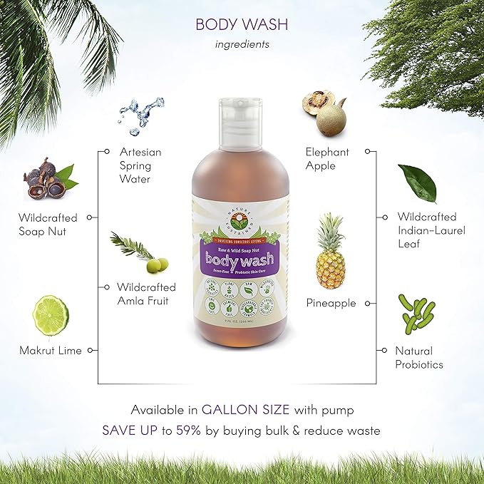 Nature Sustained Organic Body Wash & Face Wash – Raw & Wildcrafted with Probiotics, Soapberry Formula for Eczema & Psoriasis - Wild Plants Selected for Sensitive & Dry Skin, 9oz, Original