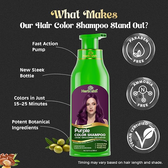 Herbishh Magic Hair Dye Shampoo – Colors Gray Hair in Minutes – Long Lasting – 500 Ml – 3-In-1 Ammonia-Free Color Treatment (Purple)