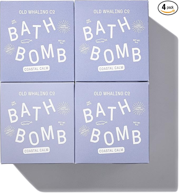 Old Whaling Co Coastal Calm Bath Bomb – Set of 4 – Handmade Bath Soak with Epsom Salts – Cleansing, Soothing and Moisturizing Fizz – Coastal Grass, Driftwood and Lily Scent, 8 oz
