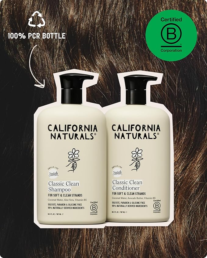 California Naturals Coconut Shampoo & Conditioner Set, Natural, Vegan, Cruelty, Silicone, Paraben, and Sulfate Free Shampoo, All Hair Types, 20 Fl Oz (Pack of 2), Classic Clean Coconut