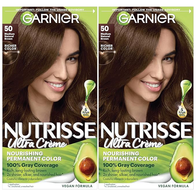 Garnier Nutrisse Ultra Crème Hair Color, Permanent Hair Dye with 100% Gray Coverage, Vegan & Cruelty-Free, 50 Medium Natural Brown (Truffle), 2 Count