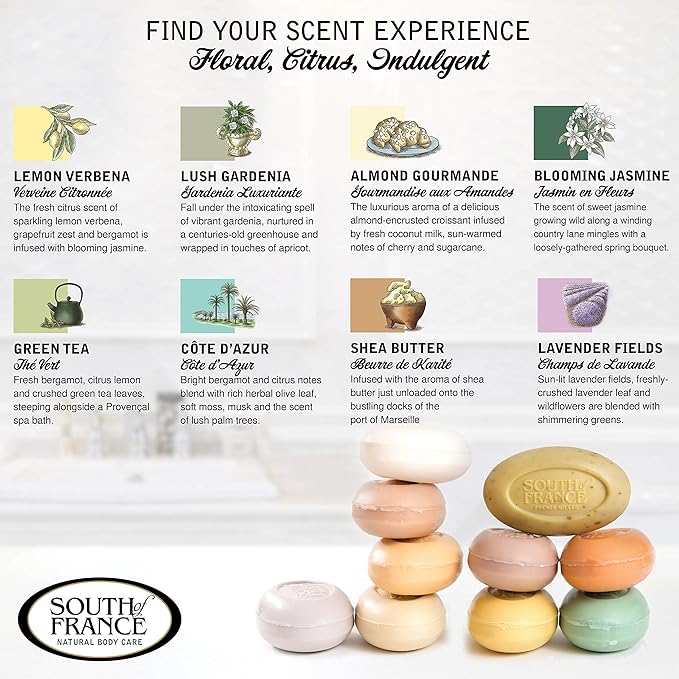 South Of France Natural Body Care Triple Milled Large 6OZ Bar Soap (Variety Pack 1, 8 Bars)