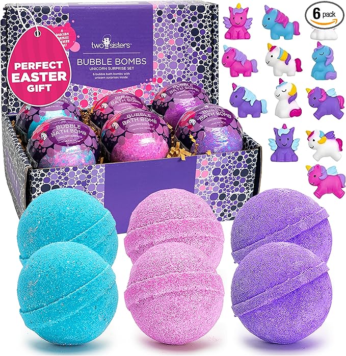 Unicorn Bath Bombs for Girls with Surprise Toys Inside (6 Pack) - Large Bubble Bomb for Kids, Gentle and Safe, Made in USA, Fizzies, Fruity Scents, Won't Stain Tub - Ideal Gift by Two Sisters