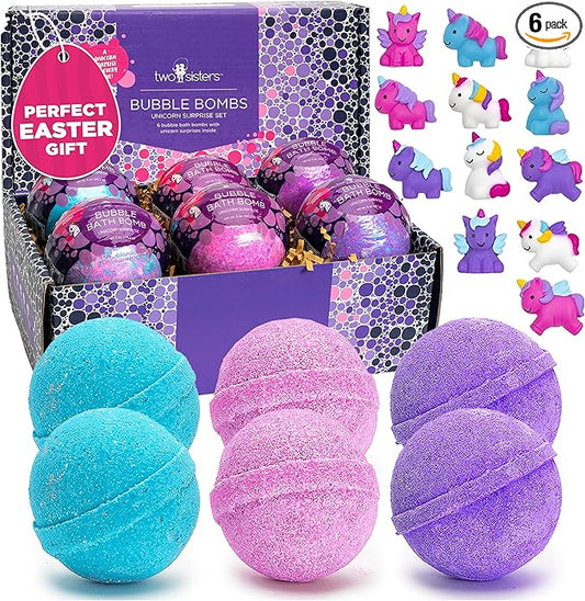 Unicorn Bath Bombs for Girls with Surprise Toys Inside (6 Pack) - Large Bubble Bomb for Kids, Gentle and Safe, Made in USA, Fizzies, Fruity Scents, Won't Stain Tub - Ideal Gift by Two Sisters