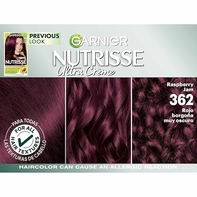 Garnier Nutrisse Ultra Crème Hair Color, Permanent Hair Dye with 100% Gray Coverage, Vegan & Cruelty-Free, 362 Darkest Berry Burgundy (Raspberry Jam), 2 Count