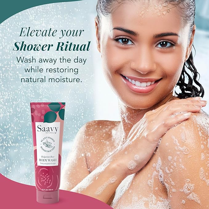 Saavy Naturals Moisturizing Body Wash for Sensitive Skin – Plant-Based & Pure with Coconut Oil, Shea Butter & Aloe Vera – Paraben-Free, Cruelty-Free – Bulgarian Rose – 8.5 fl oz, 1 pack