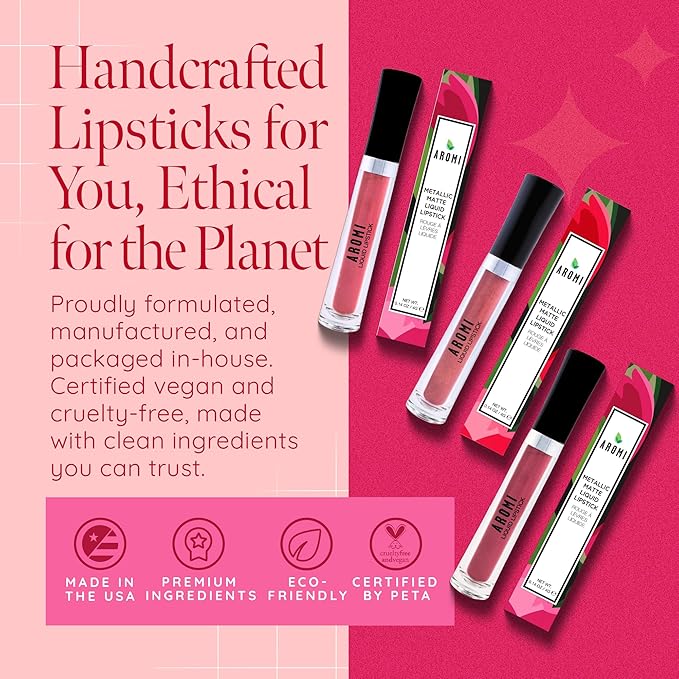 Aromi Dusty Rose Metallic Liquid Lipstick | Rosy Pink Chestnut Lip Color with Shimmery Finish, Vegan, Cruelty-free, Long-lasting, Waterproof (Alpine Bloom)