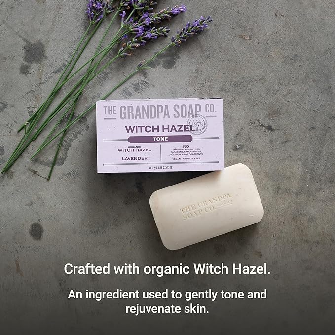 The Grandpa Soap Company Witch Hazel Bar Soap - Gently Tones Skin, With Witch Hazel and Lavender, Provides a Relaxing Effect, Vegan, For Face and Body, 4.25 Oz, 4 Pack