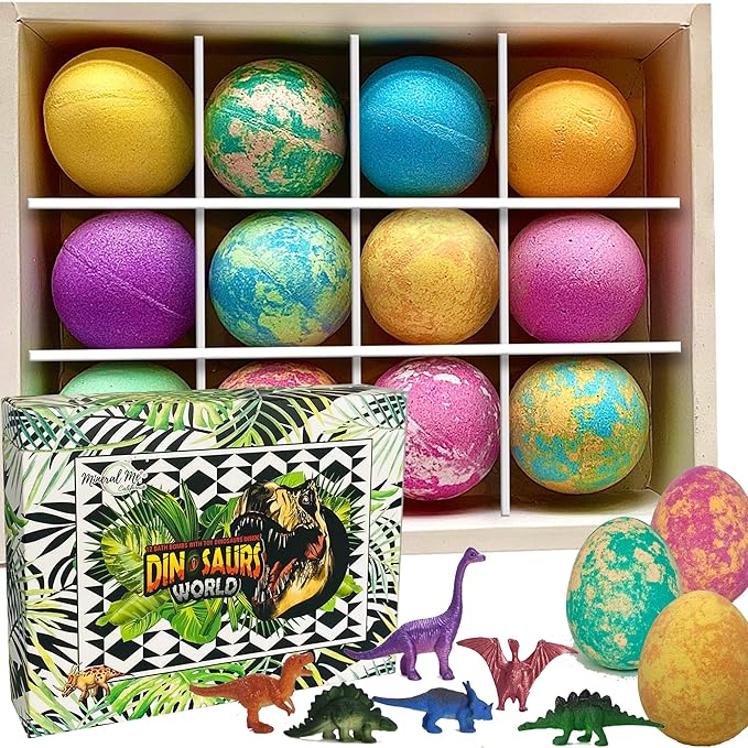 Bath Bombs for Kids with Surprise Inside - 12 Dinosaur Bath Bombs with Toys, Organic Colorful Bubble Bath Fizzies, Dino Egg Bath Bomb w/Rich Bubbles, Easter Basket Essentials for Kids, Boys, Girls