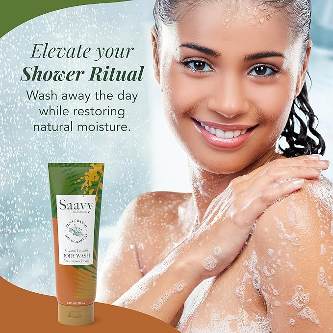 Saavy Naturals Moisturizing Body Wash for Sensitive Skin – Plant-Based & Pure with Coconut Oil, Shea Butter & Aloe Vera – Paraben-Free, Cruelty-Free – Tropical Coconut – 8.5 fl oz, 2 pack