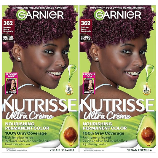 Garnier Nutrisse Ultra Crème Hair Color, Permanent Hair Dye with 100% Gray Coverage, Vegan & Cruelty-Free, 362 Darkest Berry Burgundy (Raspberry Jam), 2 Count