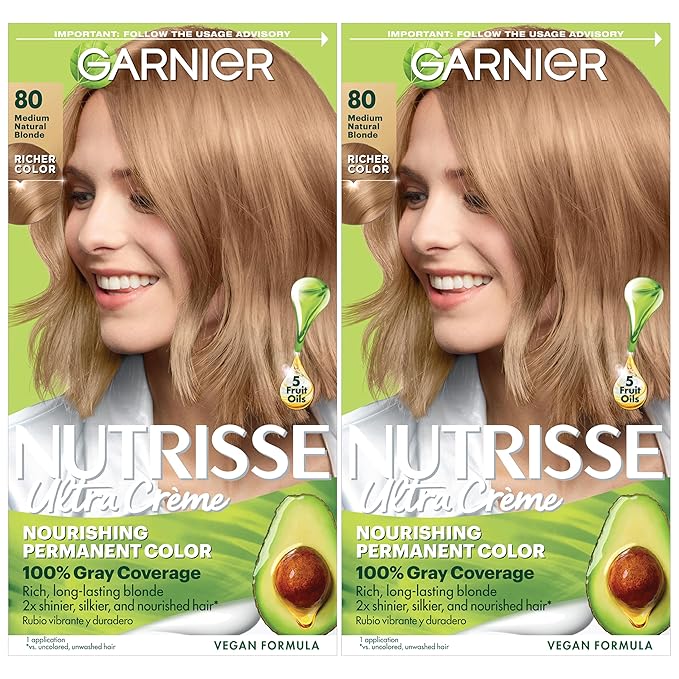 Garnier Nutrisse Ultra Crème Hair Color, Permanent Hair Dye with 100% Gray Coverage, Vegan & Cruelty-Free, 80 Medium Natural Blonde (Butternut), 2 Count