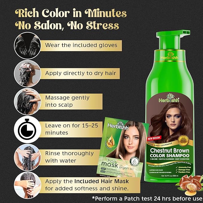 Herbishh Color Shampoo for Gray Hair Coverage (Chestnut Brown) –Hair Dye 3-in-1 Shampoo- Colors in Minutes – Lasts Up To 2-3 Weeks – 500 mL – Ideal for Men & Women