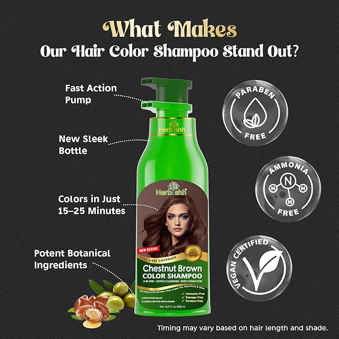 Herbishh Color Shampoo for Gray Hair Coverage (Chestnut Brown) –Hair Dye 3-in-1 Shampoo- Colors in Minutes – Lasts Up To 2-3 Weeks – 500 mL – Ideal for Men & Women