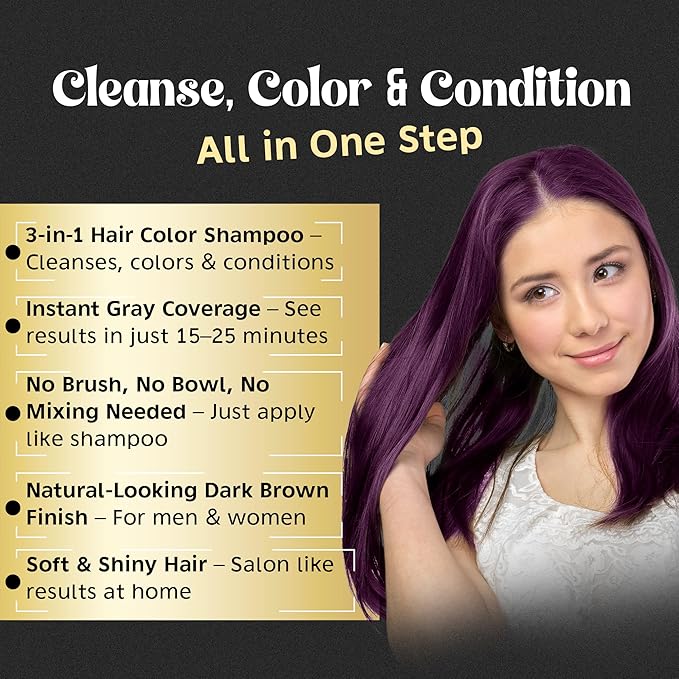 Herbishh Magic Hair Dye Shampoo – Colors Gray Hair in Minutes – Long Lasting – 500 Ml – 3-In-1 Ammonia-Free Color Treatment (Purple)