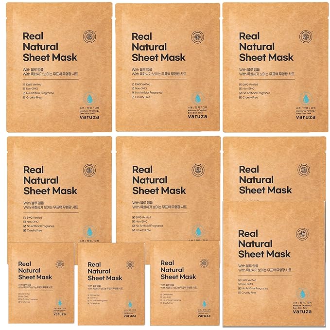 varuza] Real Natural Sheet Mask – EWG VERIFIED, Vegan Face Mask for Hydration, Non-GMO, No Artificial Fragrance, Made in Korea (10 PACK, BLUE AMPOULE)