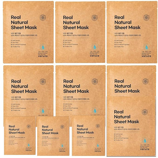 varuza] Real Natural Sheet Mask – EWG VERIFIED, Vegan Face Mask for Hydration, Non-GMO, No Artificial Fragrance, Made in Korea (10 PACK, BLUE AMPOULE)