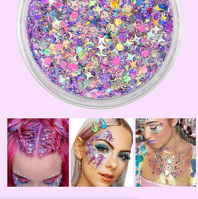 Lilac Purple - Holographic Chunky Glitter Gel for Body, Face, Hair - Vegan & Cruelty Free - Electric Bliss Beauty - Uses Include: Festival Rave Makeup Holidays Cheerleading & More