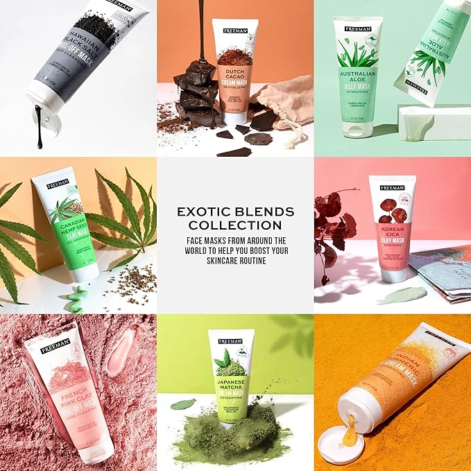 Freeman Exotic Blends Facial Mask 4 Piece Set, Peel-Off & Jelly Masks, Cleansing, Pore-Clearing & Hydrating Facial Masks, For All Skin Types, Includes Silicone Mask Brush, Vegan & Cruelty-Free