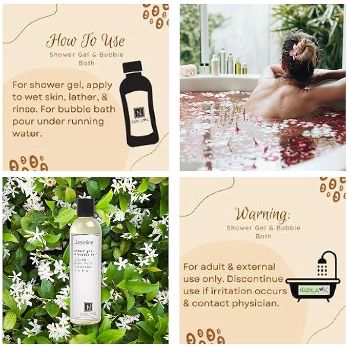 Nabila K Jasmine Shower Gel & Bubble Bath, 9 oz – Non-Drying Body Wash with Jojoba, Aloe Vera & Vitamins – Naturally-Derived, Sulfate-Free – Made in USA – For Men & Women