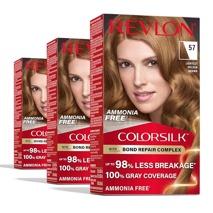 Revlon ColorSilk with Bond Repair Complex, Brown Permanent Hair Color, 100% Gray Coverage, Ammonia Free Hair Dye, Vegan Keratin, 57 Lightest Golden Brown (Pack of 3)