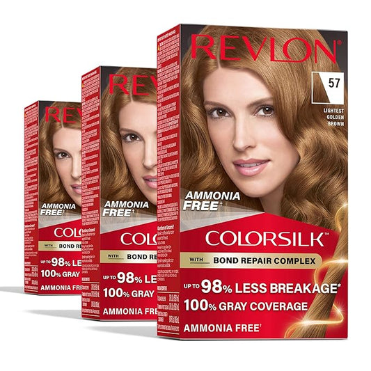 Revlon ColorSilk with Bond Repair Complex, Brown Permanent Hair Color, 100% Gray Coverage, Ammonia Free Hair Dye, Vegan Keratin, 57 Lightest Golden Brown (Pack of 3)