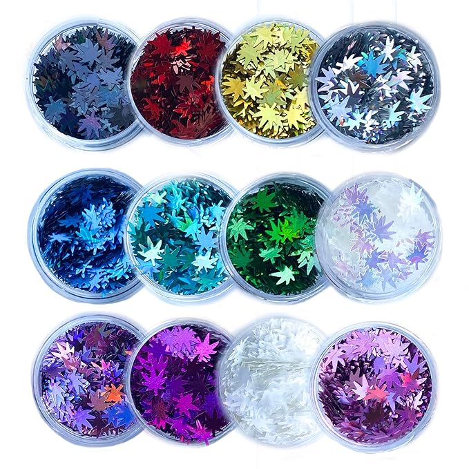 12 Pack - Metallic Rainbow Holographic Leaf Glitter - Solvent Resistant & Cosmetic Grade - Face Body Nails Resin Arts & Crafts, Tumblers, Bath Bombs, Resin - Weed Pot Marijuana Leaf
