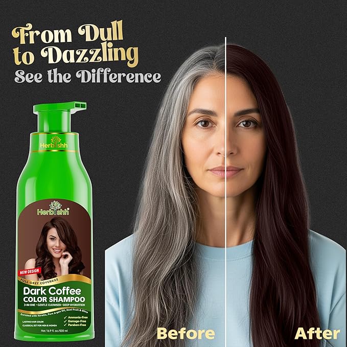 Herbishh Hair Color Shampoo for Gray Hair – Natural Hair Dye Shampoo – Colors Hair in Minutes – Lasts Up To 3-4 Weeks – 500ML – 3-In-1 Hair Color – Colors, Cleanses, and Conditions (Dark Coffee)