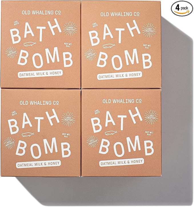 Old Whaling Co Oatmeal Milk and Honey Bath Bomb – Set of 4 – Handmade Bath Soak with Epsom Salts – Cleansing, Soothing and Moisturizing Fizz – Sweet Almond and Vanilla Scent, 8 oz