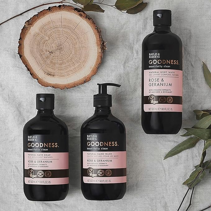 Baylis & Harding Goodness Rose & Geranium Natural Bath Soak 16.9 fl. oz (Pack of 3) - Biodegradable Formula - Vegan Friendly