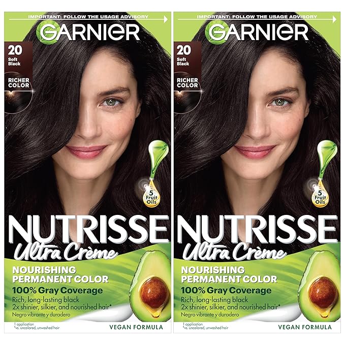Garnier Nutrisse Ultra Crème Hair Color, Permanent Hair Dye with 100% Gray Coverage, Vegan & Cruelty-Free, 20 Soft Black (Black Tea), 2 Count
