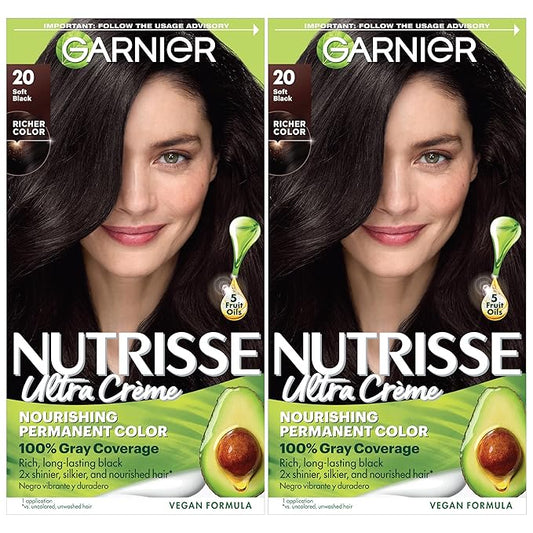 Garnier Nutrisse Ultra Crème Hair Color, Permanent Hair Dye with 100% Gray Coverage, Vegan & Cruelty-Free, 20 Soft Black (Black Tea), 2 Count