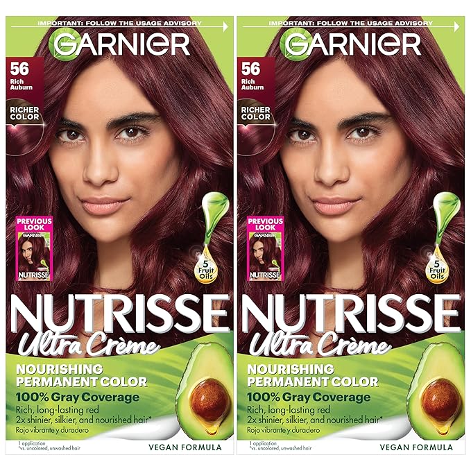 Garnier Nutrisse Ultra Crème Hair Color, Permanent Hair Dye with 100% Gray Coverage, Vegan & Cruelty-Free, 56 Rich Auburn (Sangria), 2 Count