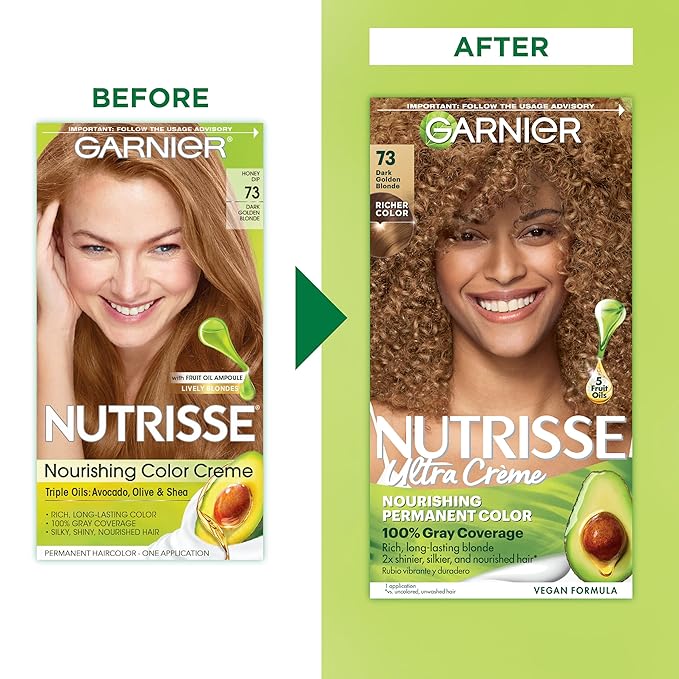 Garnier Nutrisse Ultra Crème Hair Color, Permanent Hair Dye with 100% Gray Coverage, Vegan & Cruelty-Free, 73 Dark Golden Blonde (Honey Dip), 2 Count